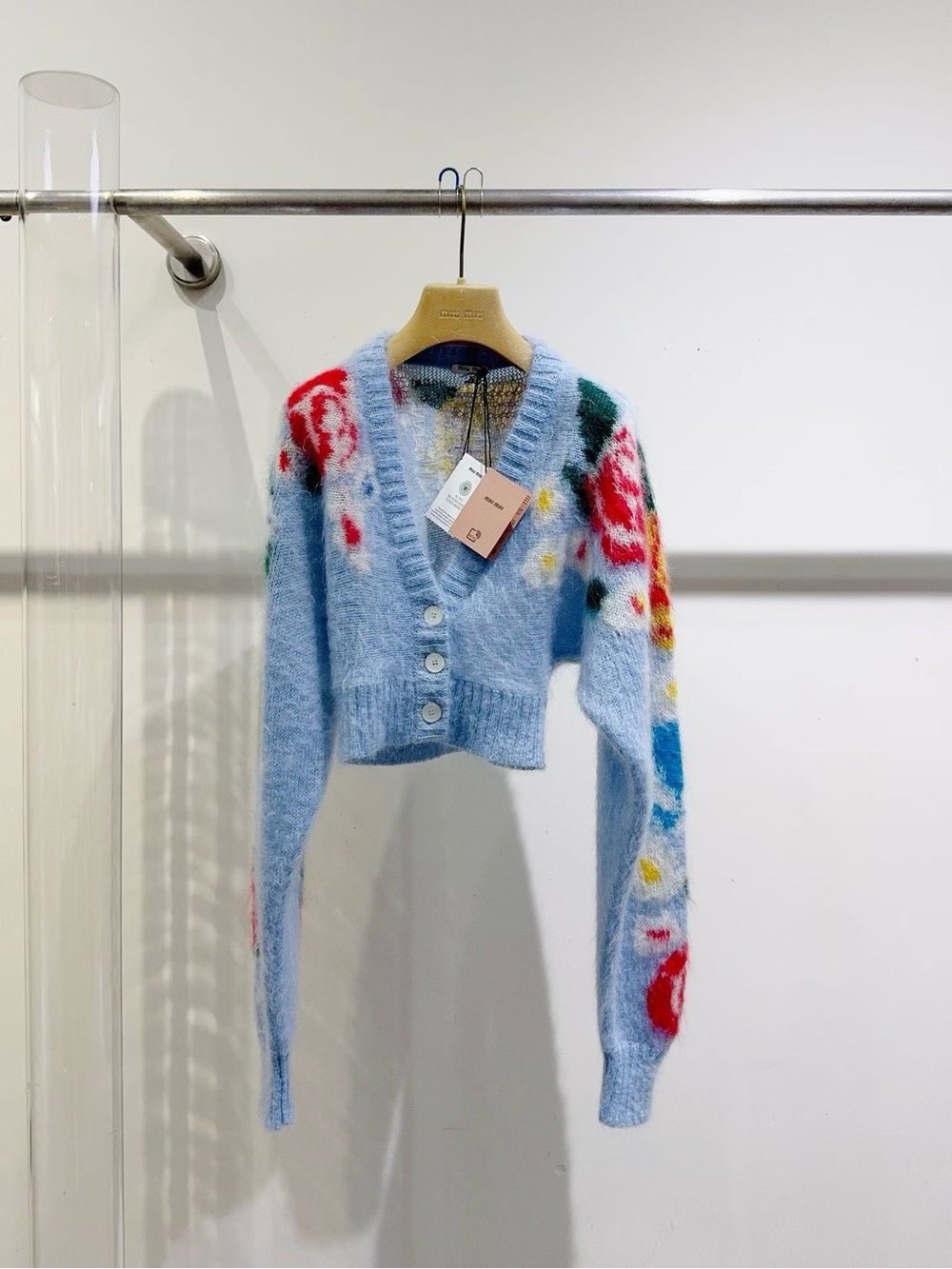 🚩steal Miu Miu Light Blue Floral Mohair Cropped Cardigan
